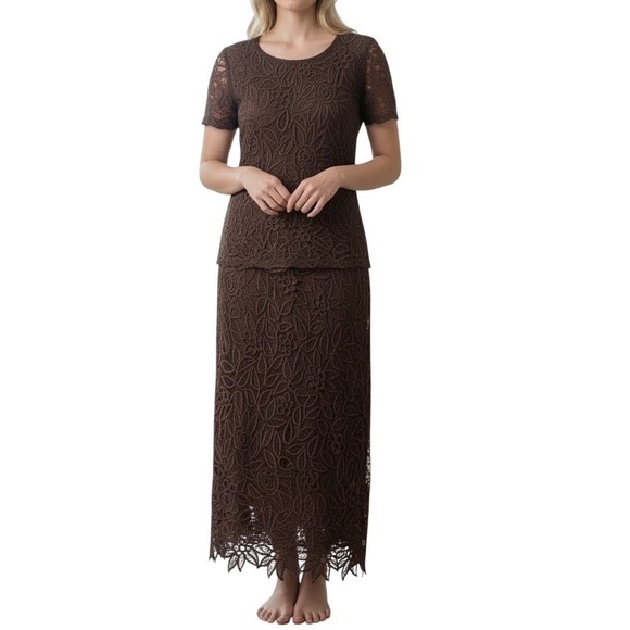 Vintage Poetry Brown 100% Silk Lace 2 Piece Set Size medium